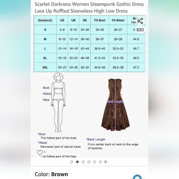 WOMEN'S Steampunk Gothic Victorian Dress, Brown new with original Package - Picture 3 of 16